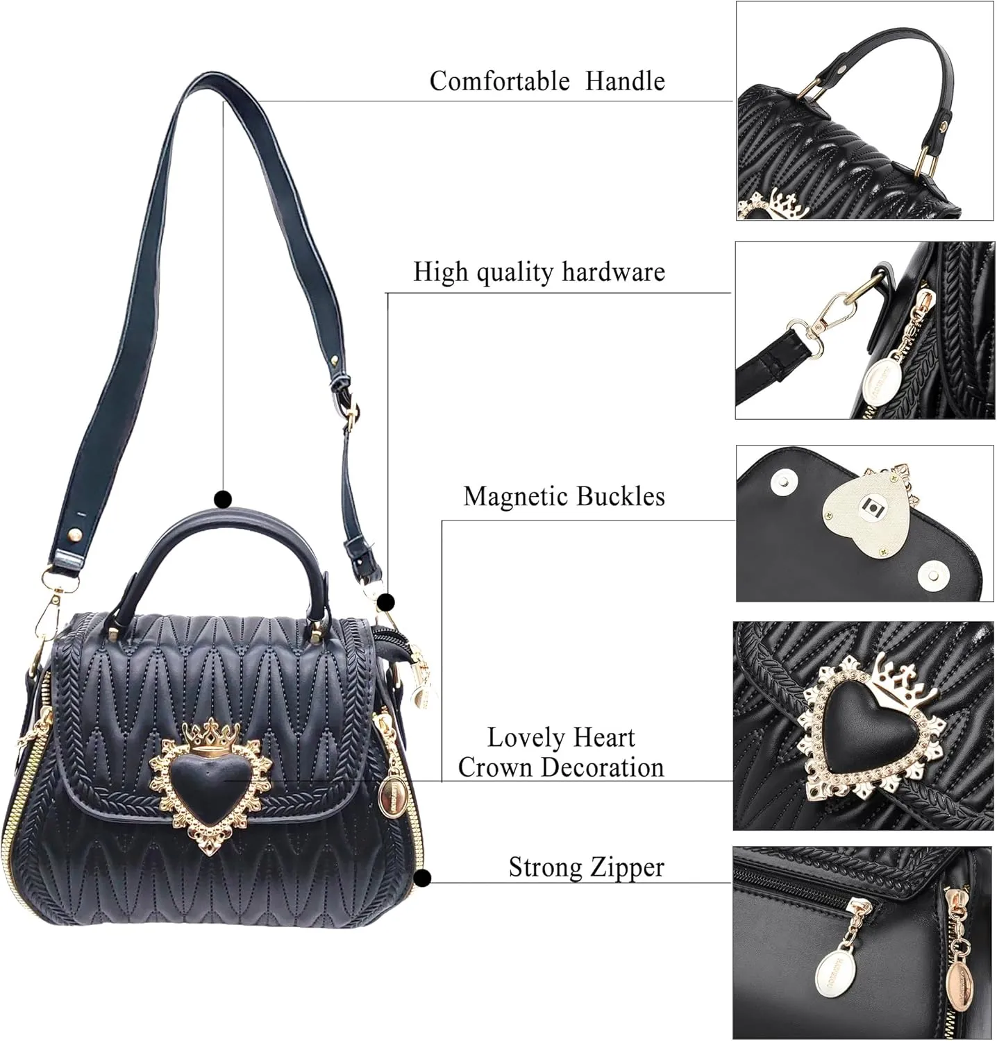 Women Leather Quilted Handbag Top Handle Satchel Bag with Heart Crown Decoration