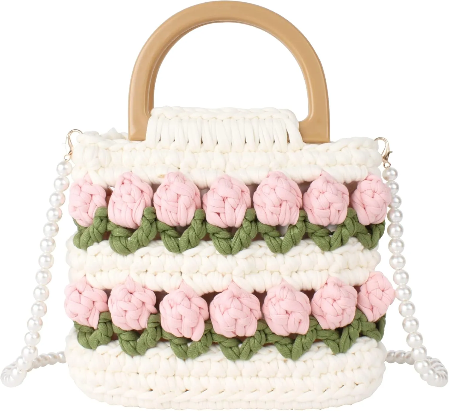 Women Mini Tulip Flowers Decoration Cotton Thread Crochet Cross-body Bag Top-handle Bag Clutch