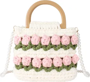 Women Mini Tulip Flowers Decoration Cotton Thread Crochet Cross-body Bag Top-handle Bag Clutch