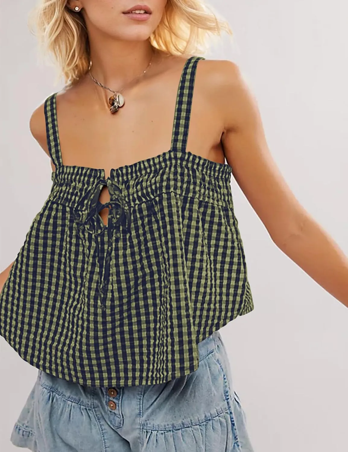 Women Plaid Cropped Camisole Tops Ruched Tie Front Square Neck Backless Loose Cute Crop Cami Tank Adjustable Top