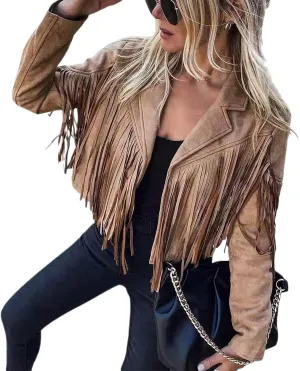 Women 's Cropped Tassel Outwear V Neck Solid Color Jacket Long Sleeve Open Front Cardigan Coat Motorcycle Biker Jacket