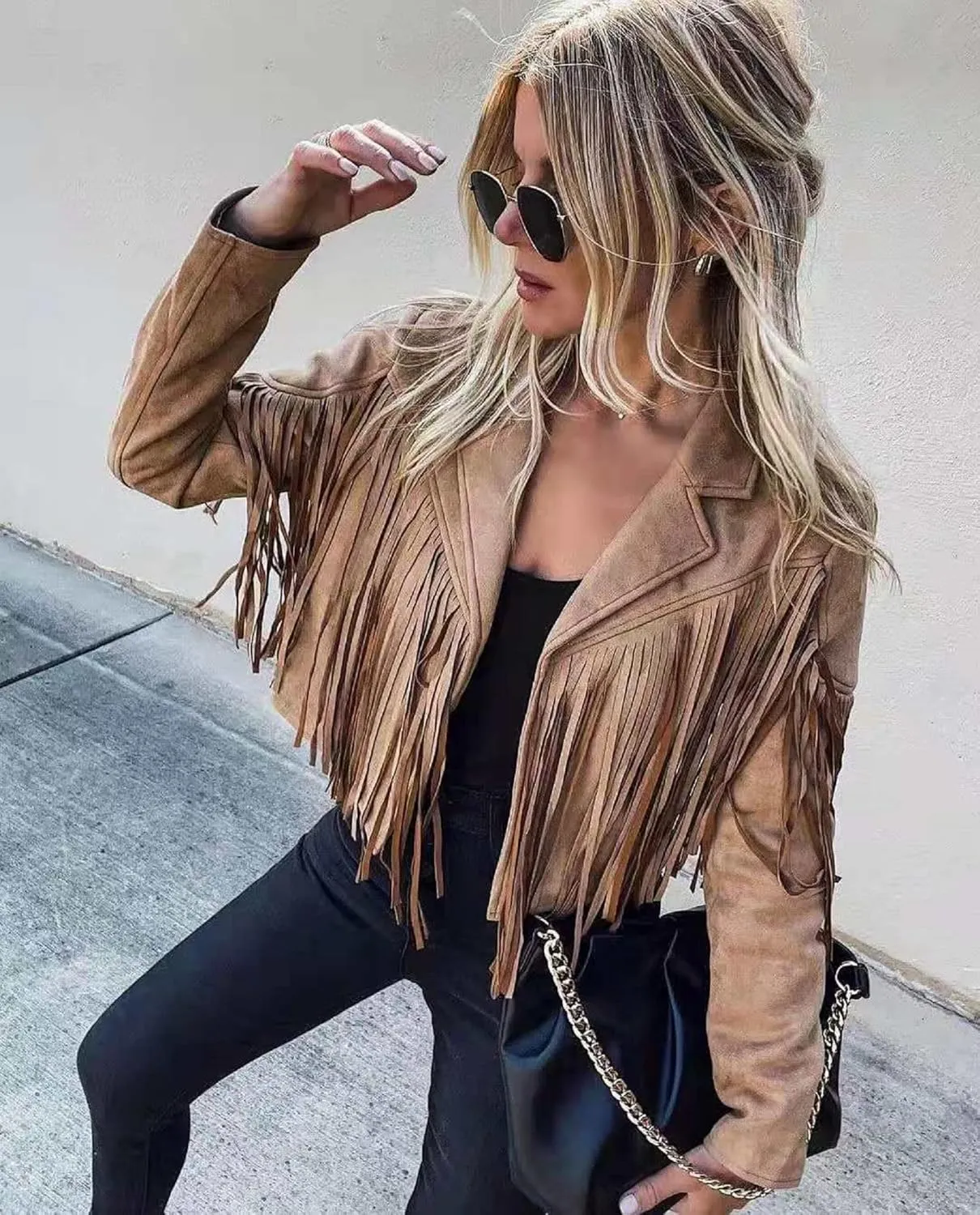 Women 's Cropped Tassel Outwear V Neck Solid Color Jacket Long Sleeve Open Front Cardigan Coat Motorcycle Biker Jacket