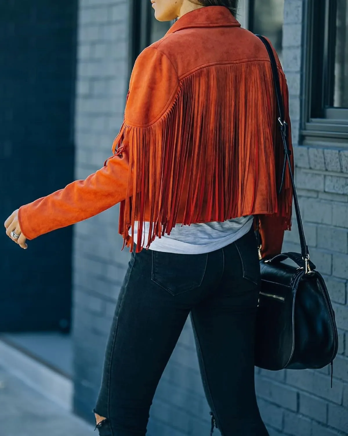Women 's Cropped Tassel Outwear V Neck Solid Color Jacket Long Sleeve Open Front Cardigan Coat Motorcycle Biker Jacket
