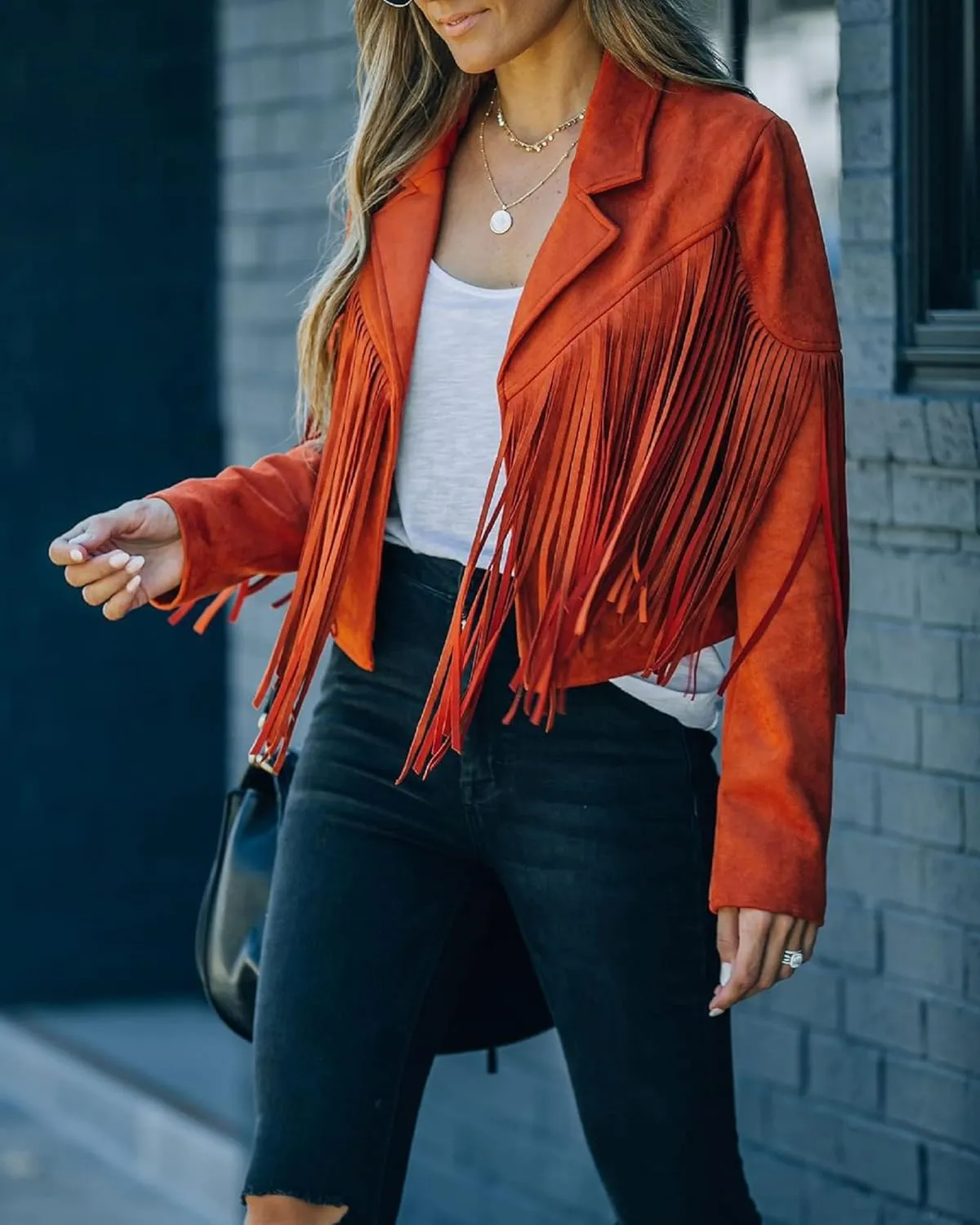 Women 's Cropped Tassel Outwear V Neck Solid Color Jacket Long Sleeve Open Front Cardigan Coat Motorcycle Biker Jacket