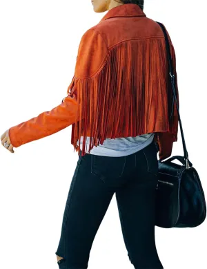 Women 's Cropped Tassel Outwear V Neck Solid Color Jacket Long Sleeve Open Front Cardigan Coat Motorcycle Biker Jacket