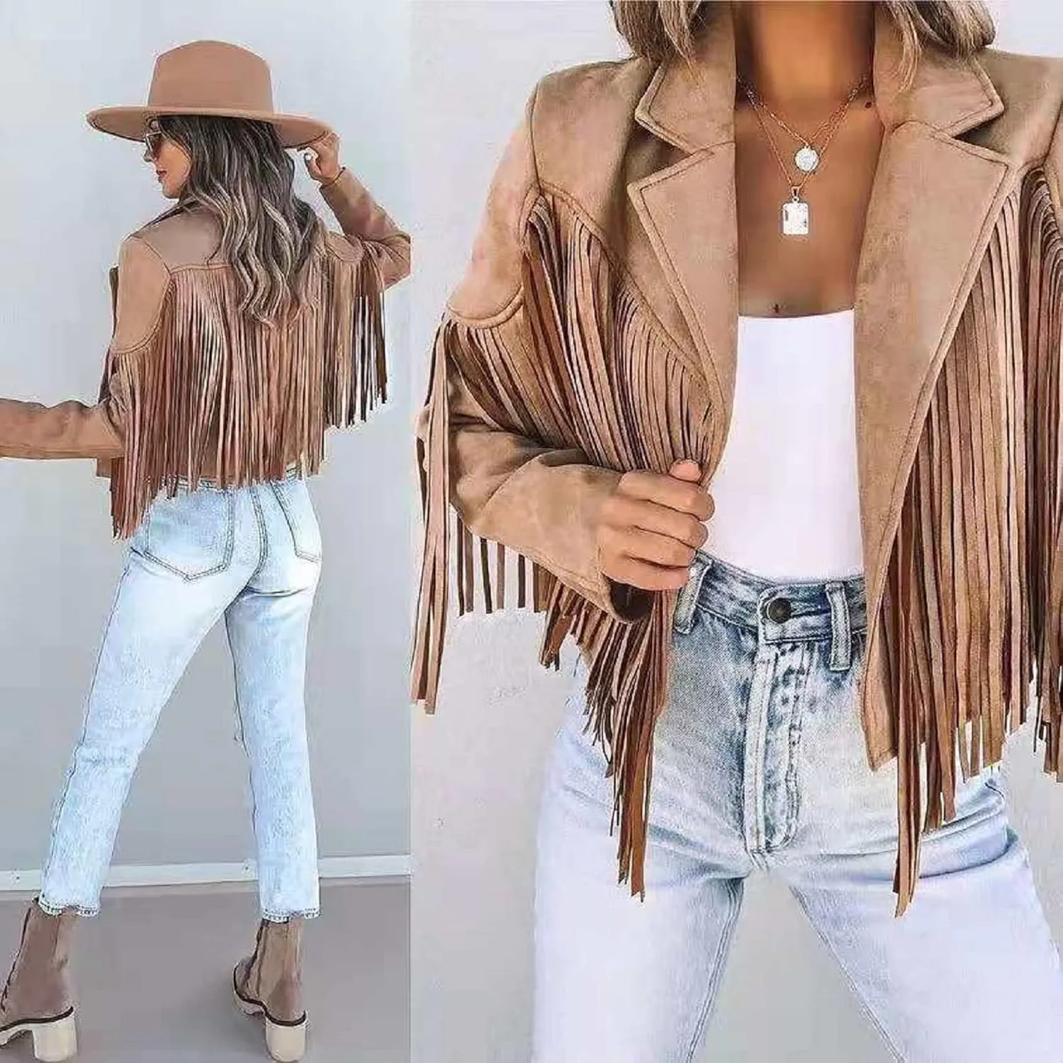 Women 's Cropped Tassel Outwear V Neck Solid Color Jacket Long Sleeve Open Front Cardigan Coat Motorcycle Biker Jacket
