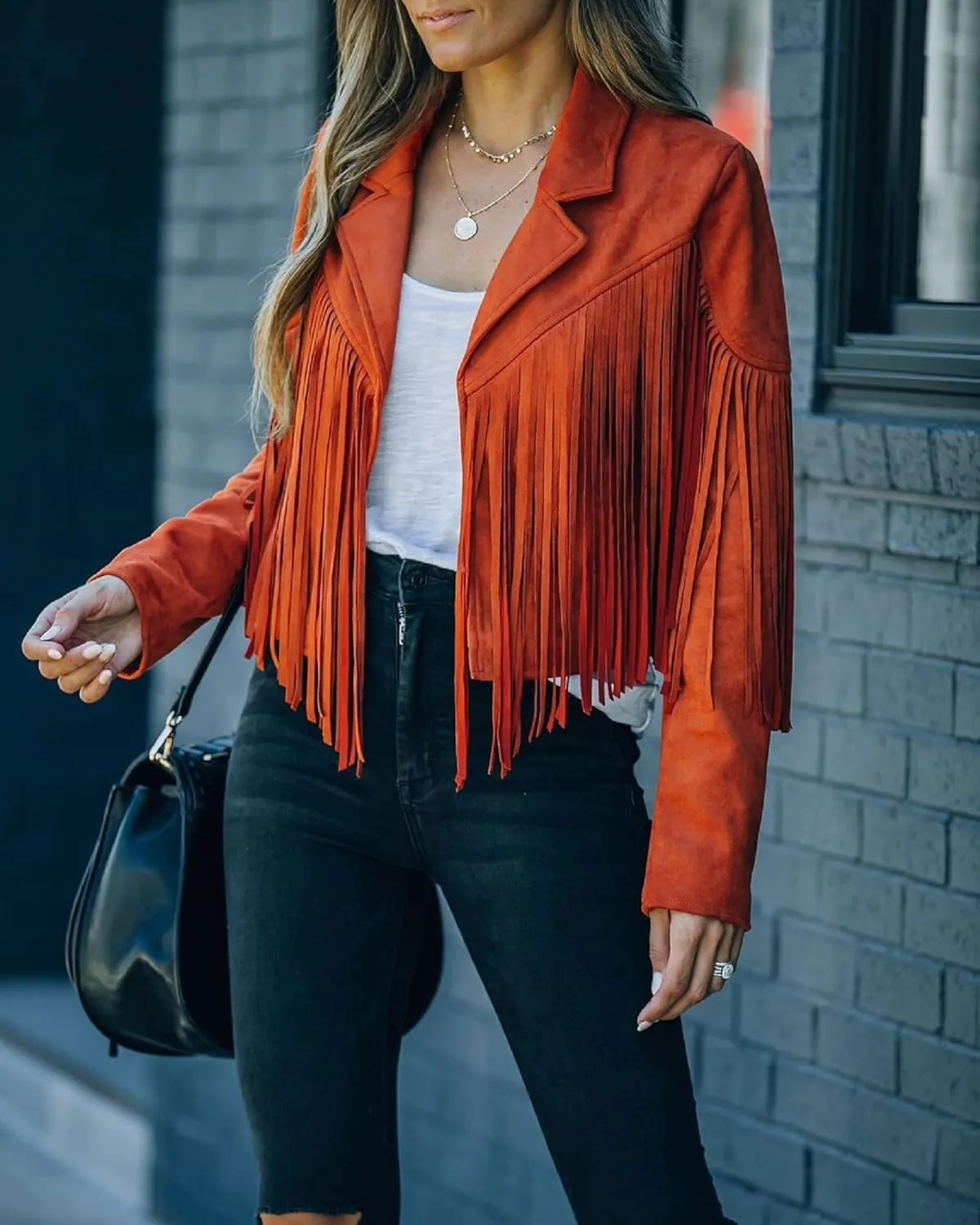 Women 's Cropped Tassel Outwear V Neck Solid Color Jacket Long Sleeve Open Front Cardigan Coat Motorcycle Biker Jacket