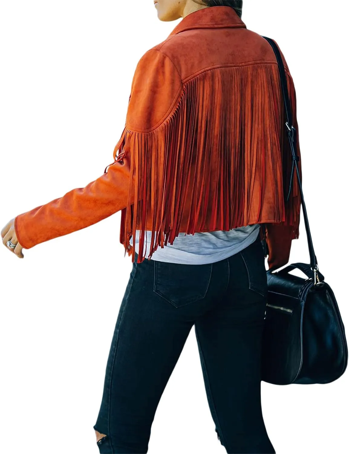 Women 's Cropped Tassel Outwear V Neck Solid Color Jacket Long Sleeve Open Front Cardigan Coat Motorcycle Biker Jacket