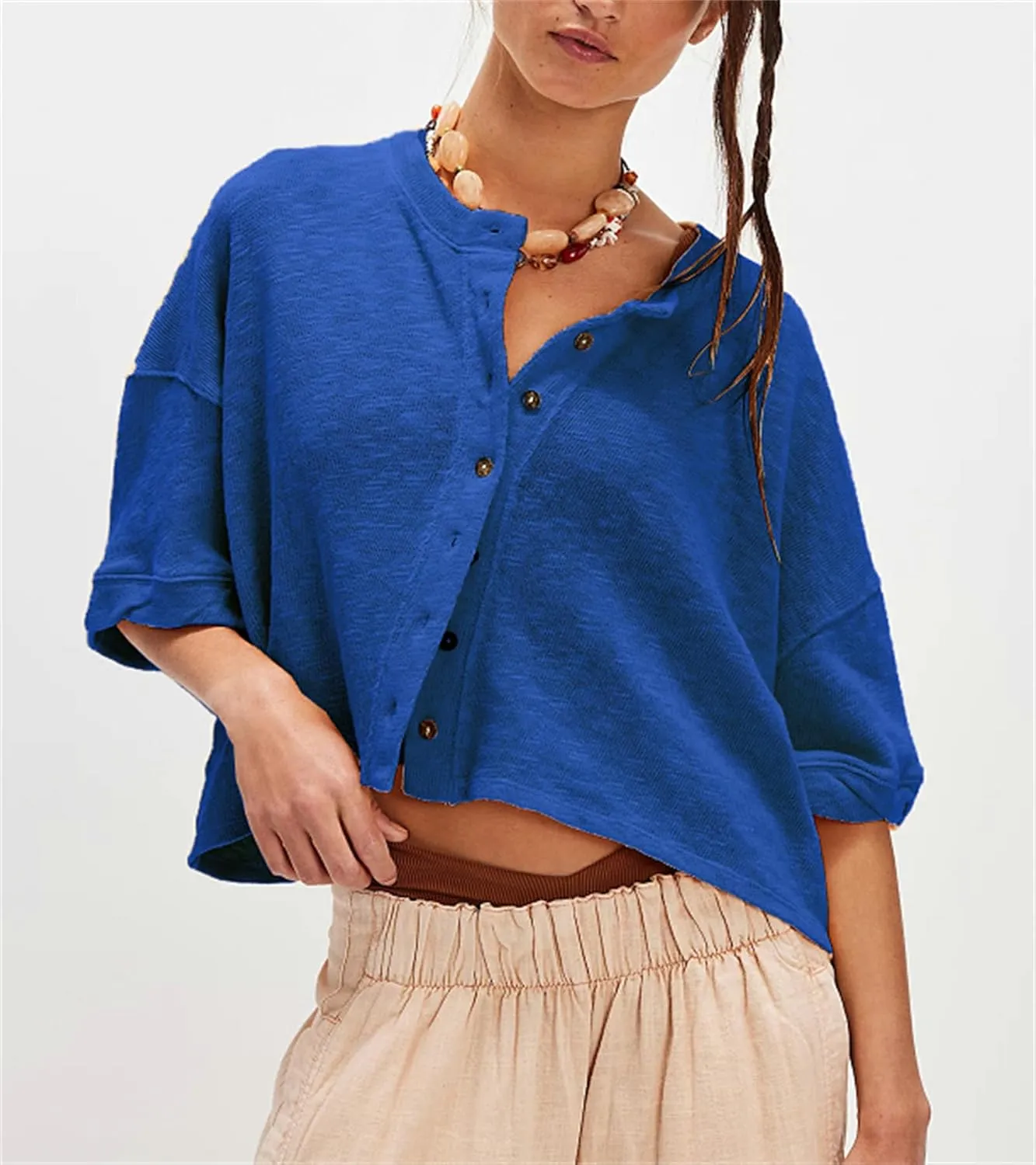 Women Short Sleeve Casual Cardigan Shirt Button Down Open Front V-Neck Loose T-Shirt Y2k Crop Tops Outwear Tee