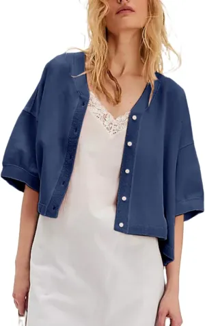 Women Short Sleeve Casual Cardigan Shirt Button Down Open Front V-Neck Loose T-Shirt Y2k Crop Tops Outwear Tee