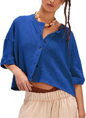 Women Short Sleeve Casual Cardigan Shirt Button Down Open Front V-Neck Loose T-Shirt Y2k Crop Tops Outwear Tee