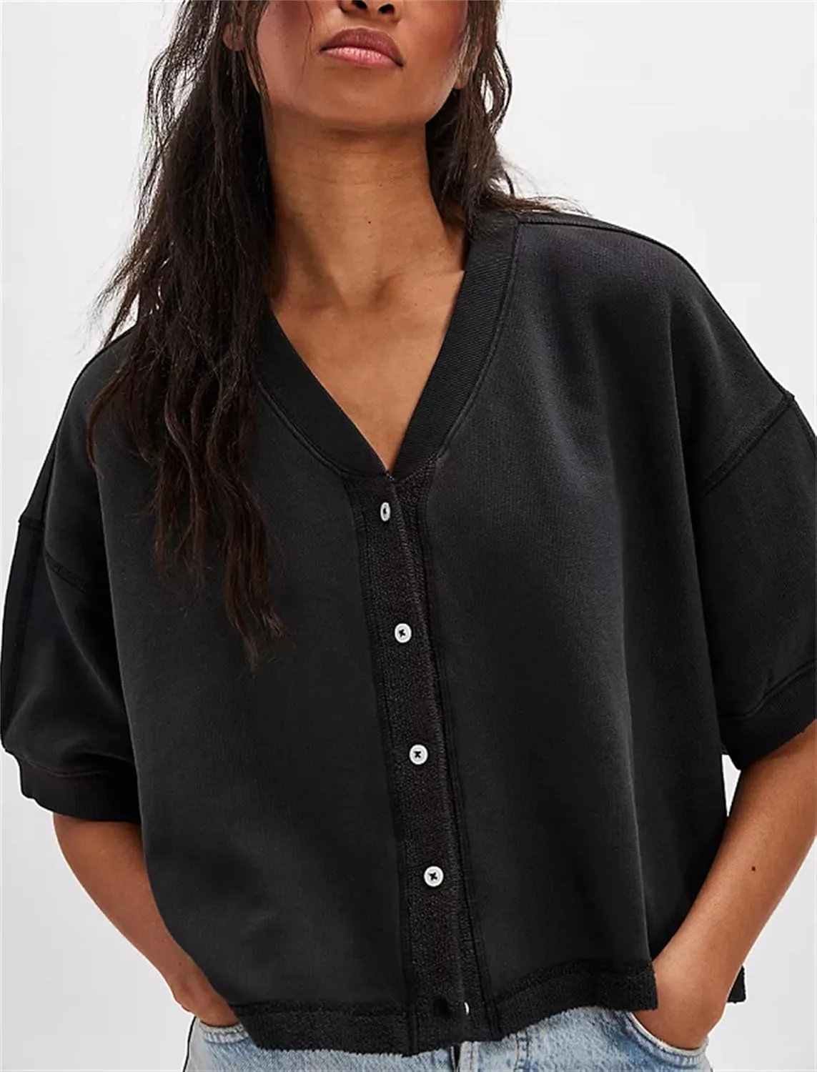 Women Short Sleeve Casual Cardigan Shirt Button Down Open Front V-Neck Loose T-Shirt Y2k Crop Tops Outwear Tee