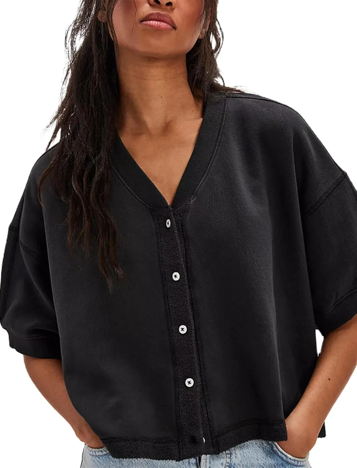 Women Short Sleeve Casual Cardigan Shirt Button Down Open Front V-Neck Loose T-Shirt Y2k Crop Tops Outwear Tee