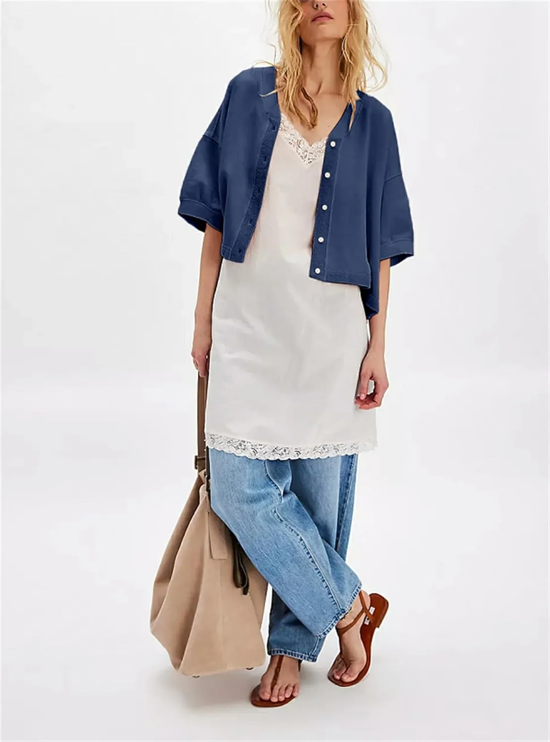 Women Short Sleeve Casual Cardigan Shirt Button Down Open Front V-Neck Loose T-Shirt Y2k Crop Tops Outwear Tee