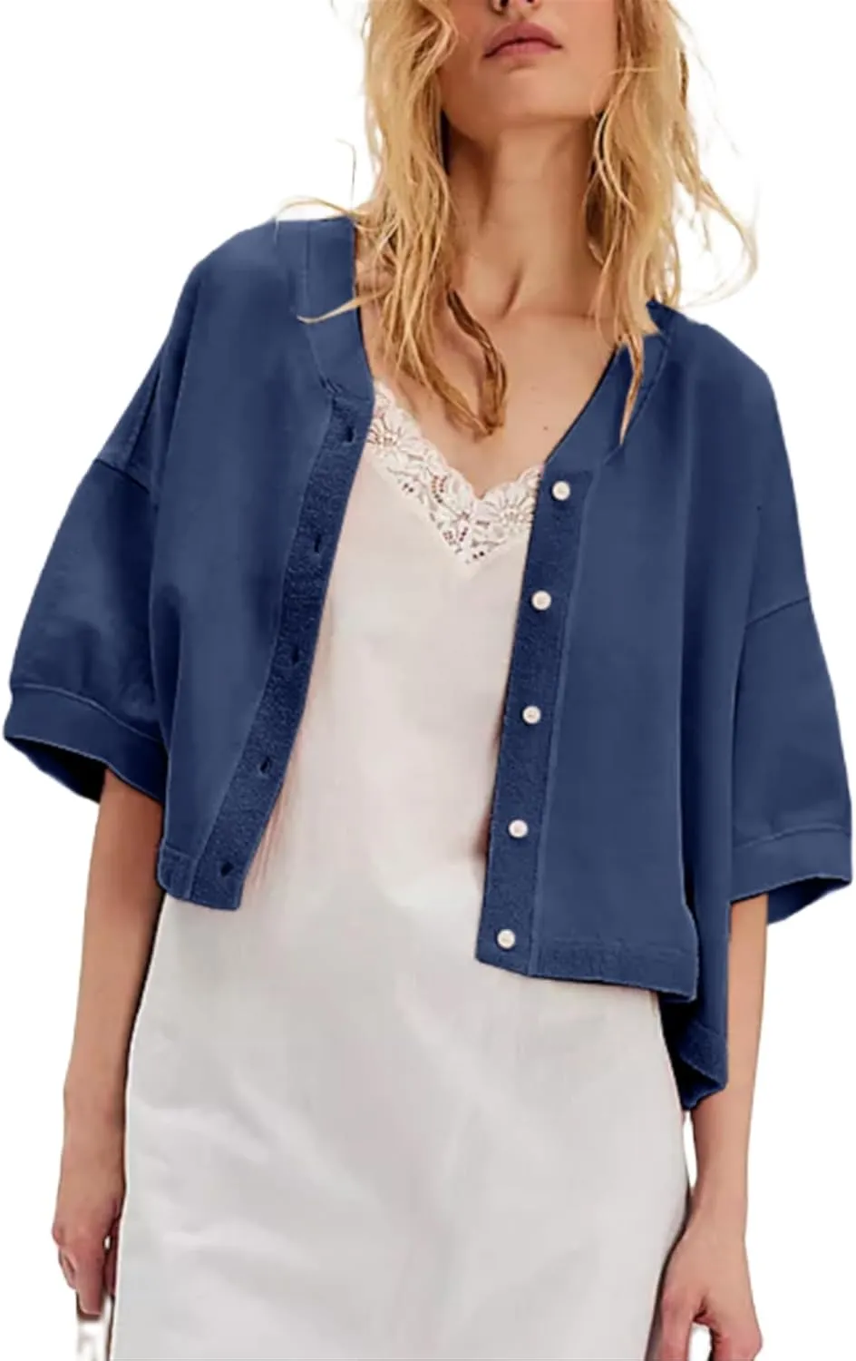 Women Short Sleeve Casual Cardigan Shirt Button Down Open Front V-Neck Loose T-Shirt Y2k Crop Tops Outwear Tee