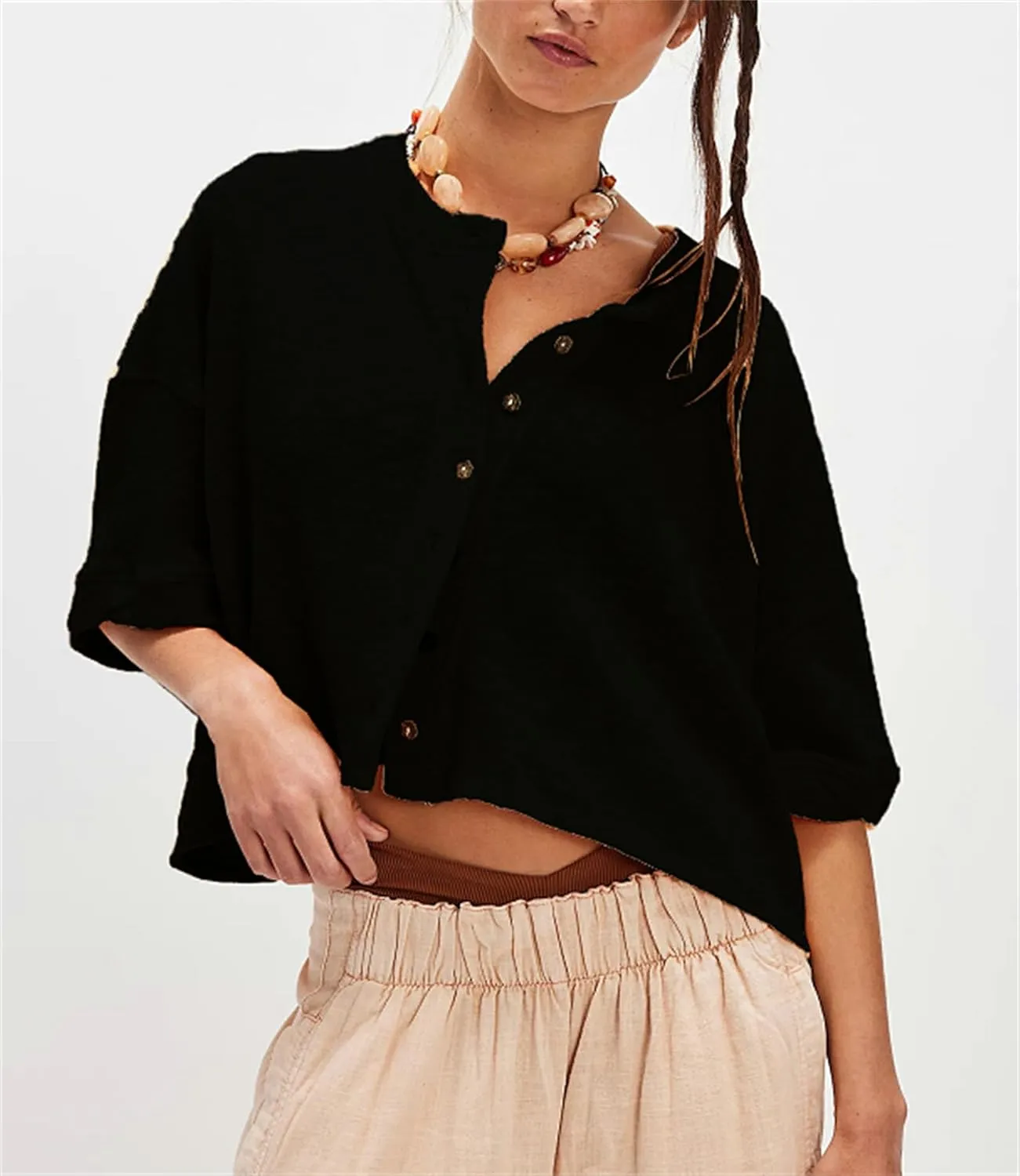 Women Short Sleeve Casual Cardigan Shirt Button Down Open Front V-Neck Loose T-Shirt Y2k Crop Tops Outwear Tee