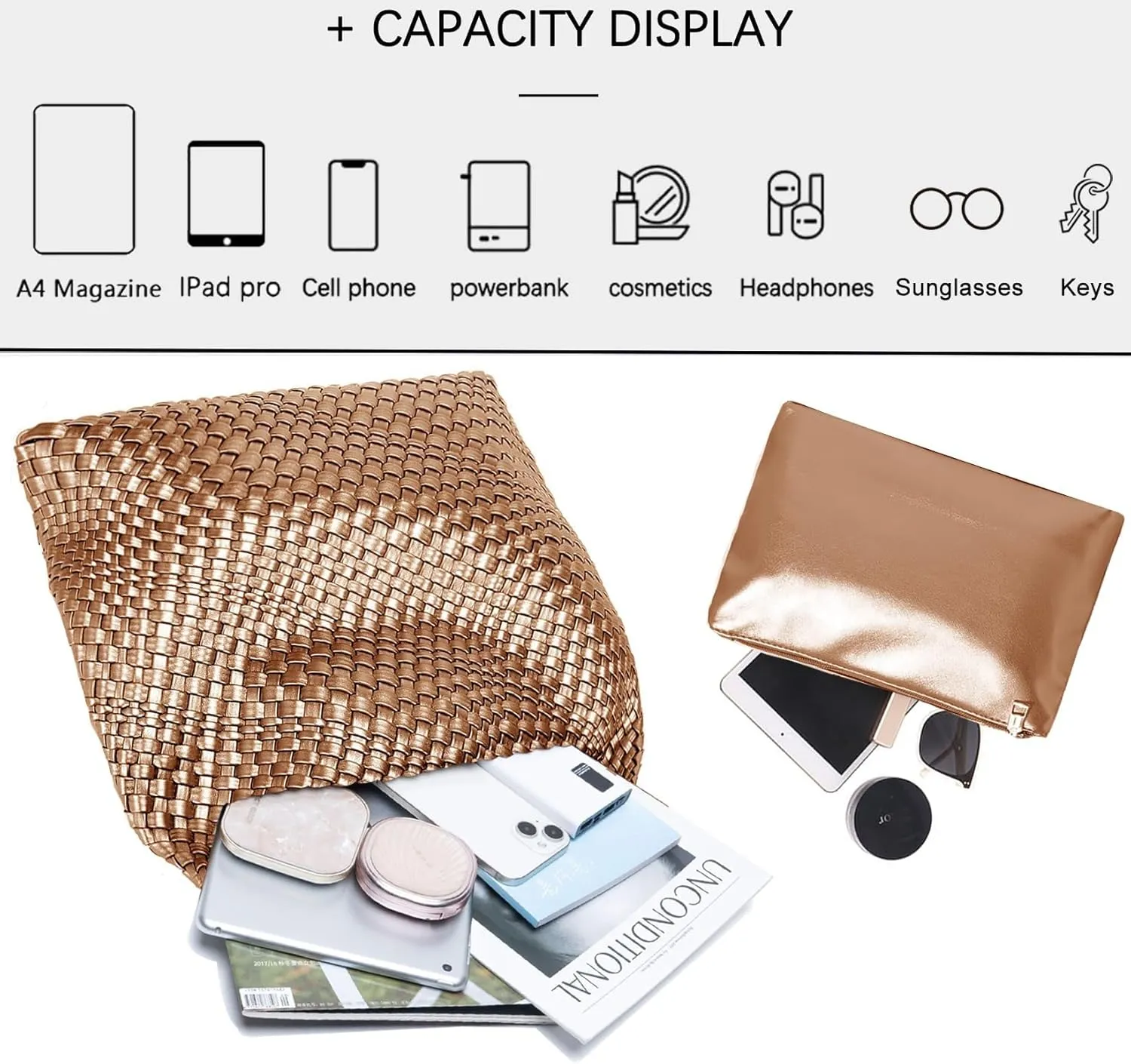 Women Vegan Leather Hand-Woven Tote Handbag Fashion Shoulder Top-handle Bag All-Match Underarm Bag with Purse