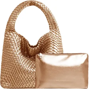 Women Vegan Leather Hand-Woven Tote Handbag Fashion Shoulder Top-handle Bag All-Match Underarm Bag with Purse