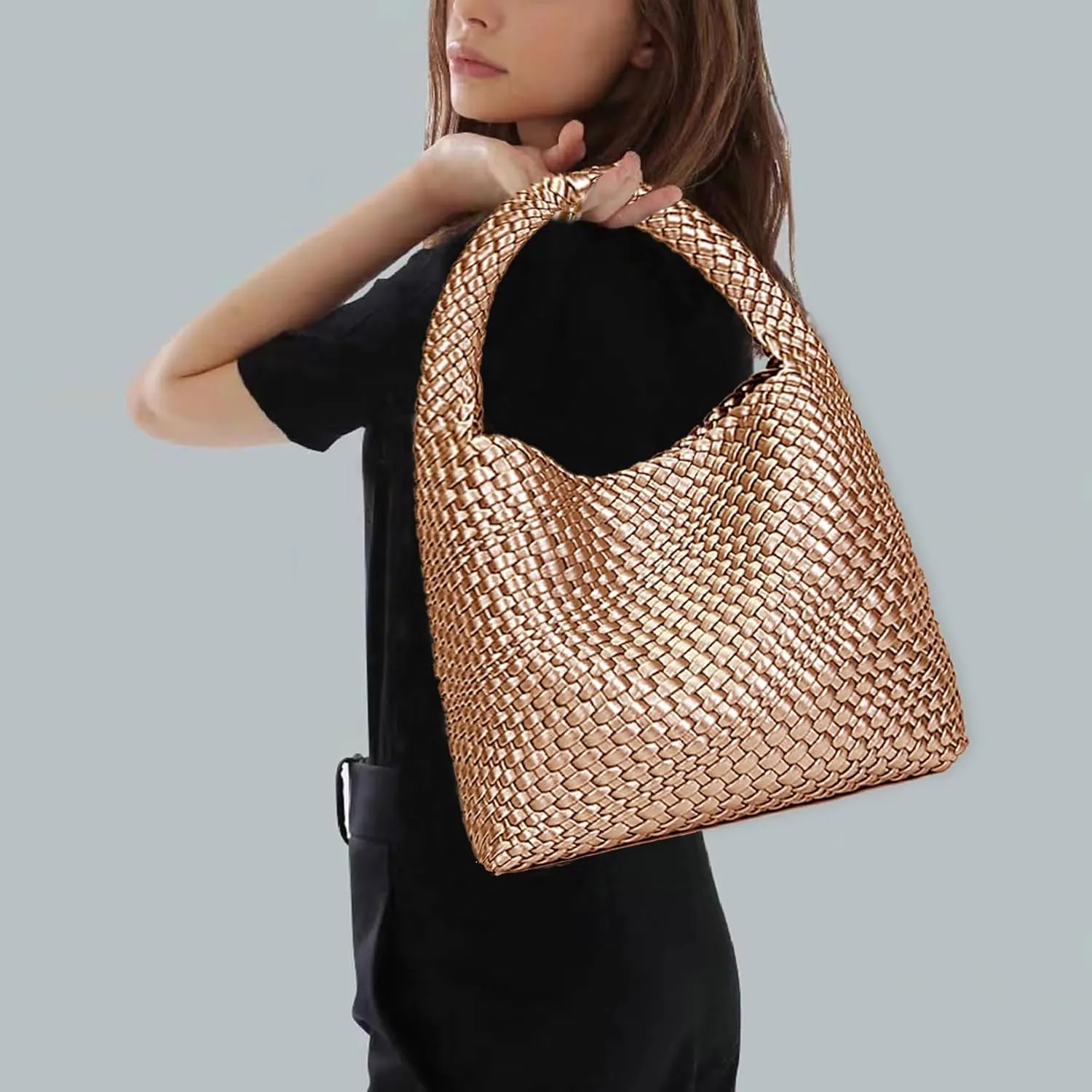 Women Vegan Leather Hand-Woven Tote Handbag Fashion Shoulder Top-handle Bag All-Match Underarm Bag with Purse