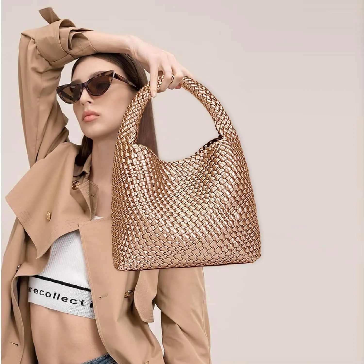 Women Vegan Leather Hand-Woven Tote Handbag Fashion Shoulder Top-handle Bag All-Match Underarm Bag with Purse