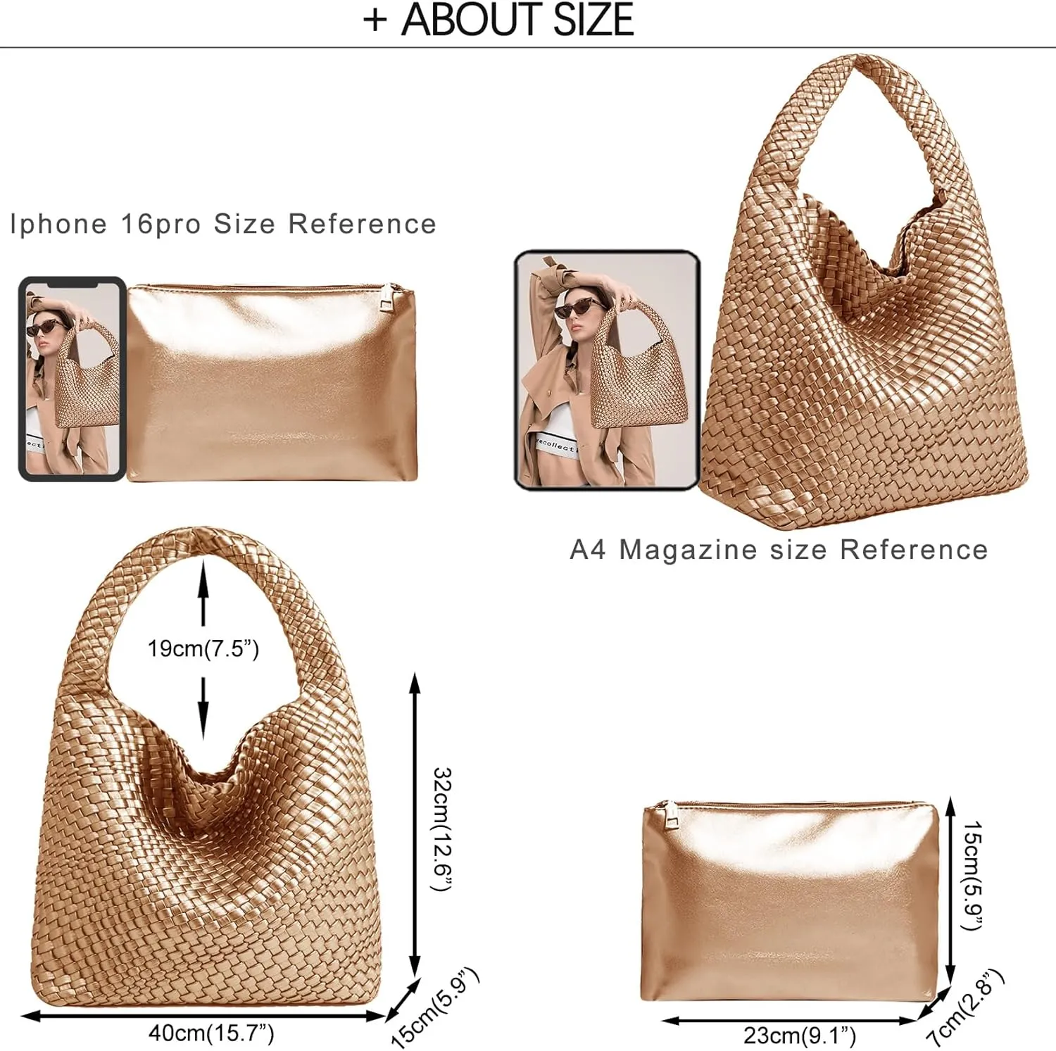 Women Vegan Leather Hand-Woven Tote Handbag Fashion Shoulder Top-handle Bag All-Match Underarm Bag with Purse