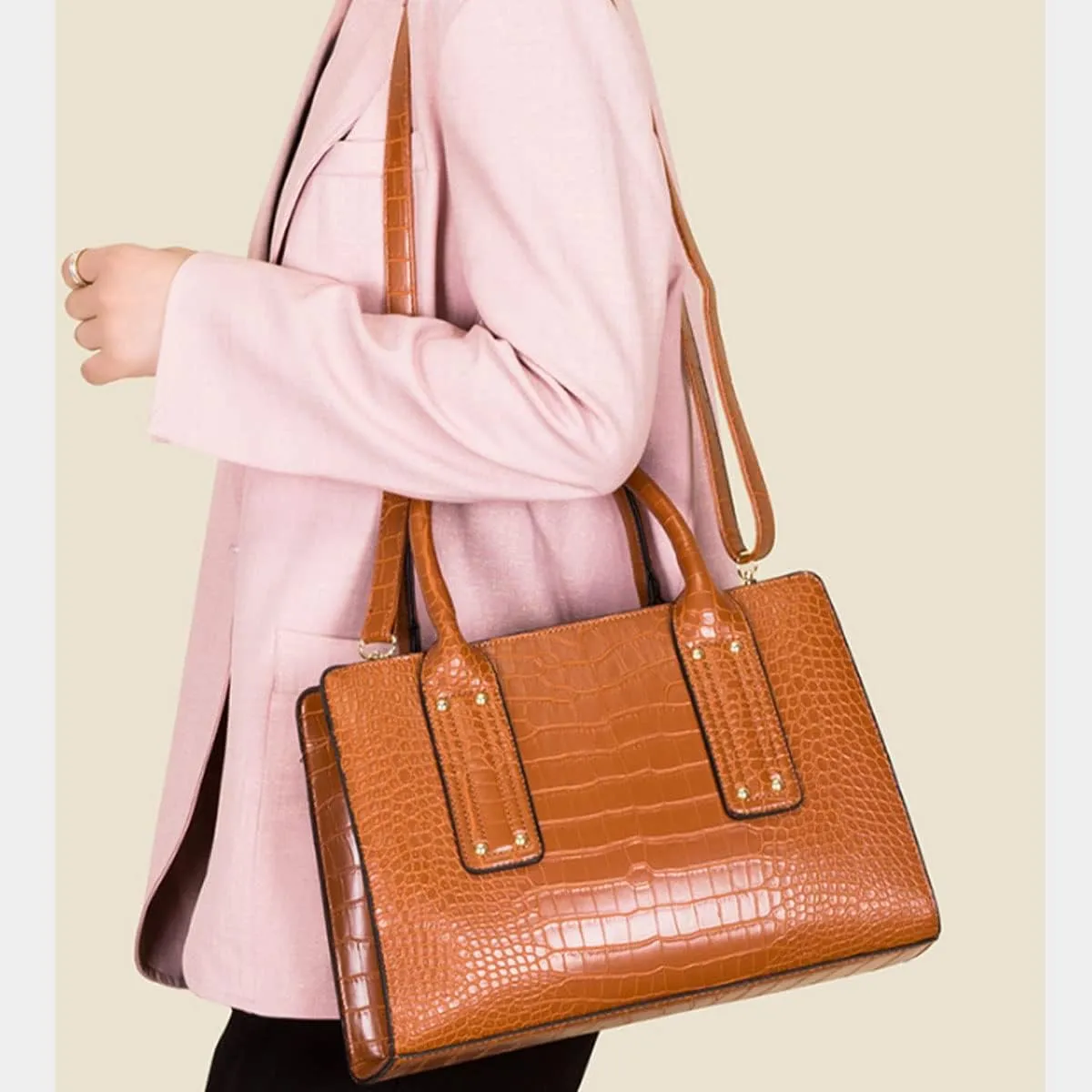 Womens 3 Pcs Handbag Set Clutch Crocodile Pattern Purse Fashion Leather Top Handle Tote Satchel Crossbody Bag Wallet
