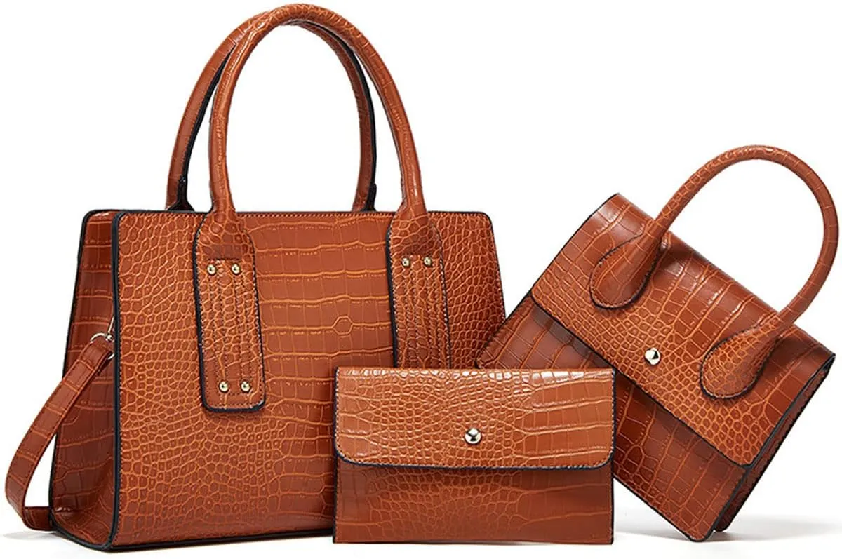 Womens 3 Pcs Handbag Set Clutch Crocodile Pattern Purse Fashion Leather Top Handle Tote Satchel Crossbody Bag Wallet