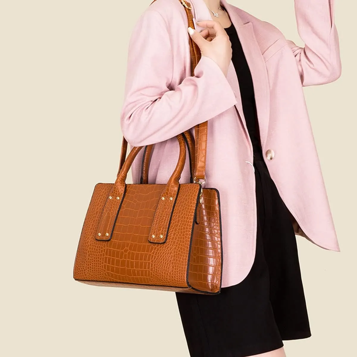 Womens 3 Pcs Handbag Set Clutch Crocodile Pattern Purse Fashion Leather Top Handle Tote Satchel Crossbody Bag Wallet