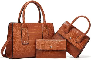 Womens 3 Pcs Handbag Set Clutch Crocodile Pattern Purse Fashion Leather Top Handle Tote Satchel Crossbody Bag Wallet