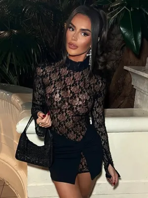 Women's Black Long Sleeve Lace Dress Set with Skirt and Bodycon Fit