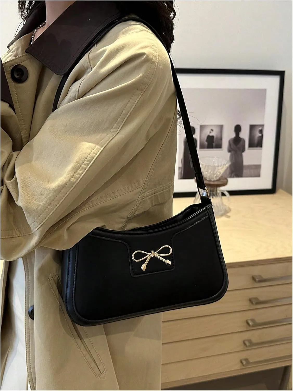 Women's Bowknot Zipper Shoulder Handbag Top Handle Elegant Small Underarm Bags Trendy Purse