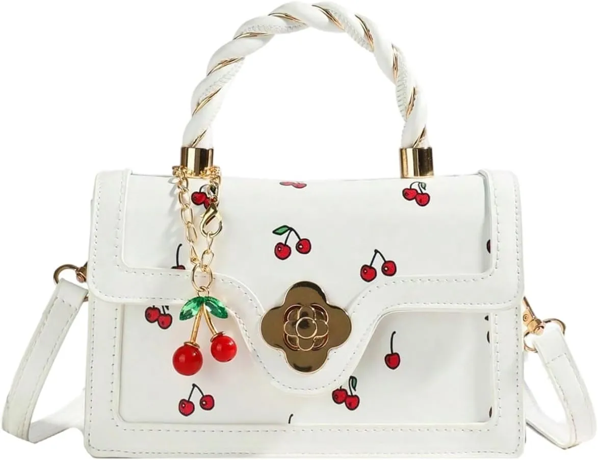 Women's Cherry Print Flap Handbags Top Handle Crossbody Square Bag with Cherry Pendant