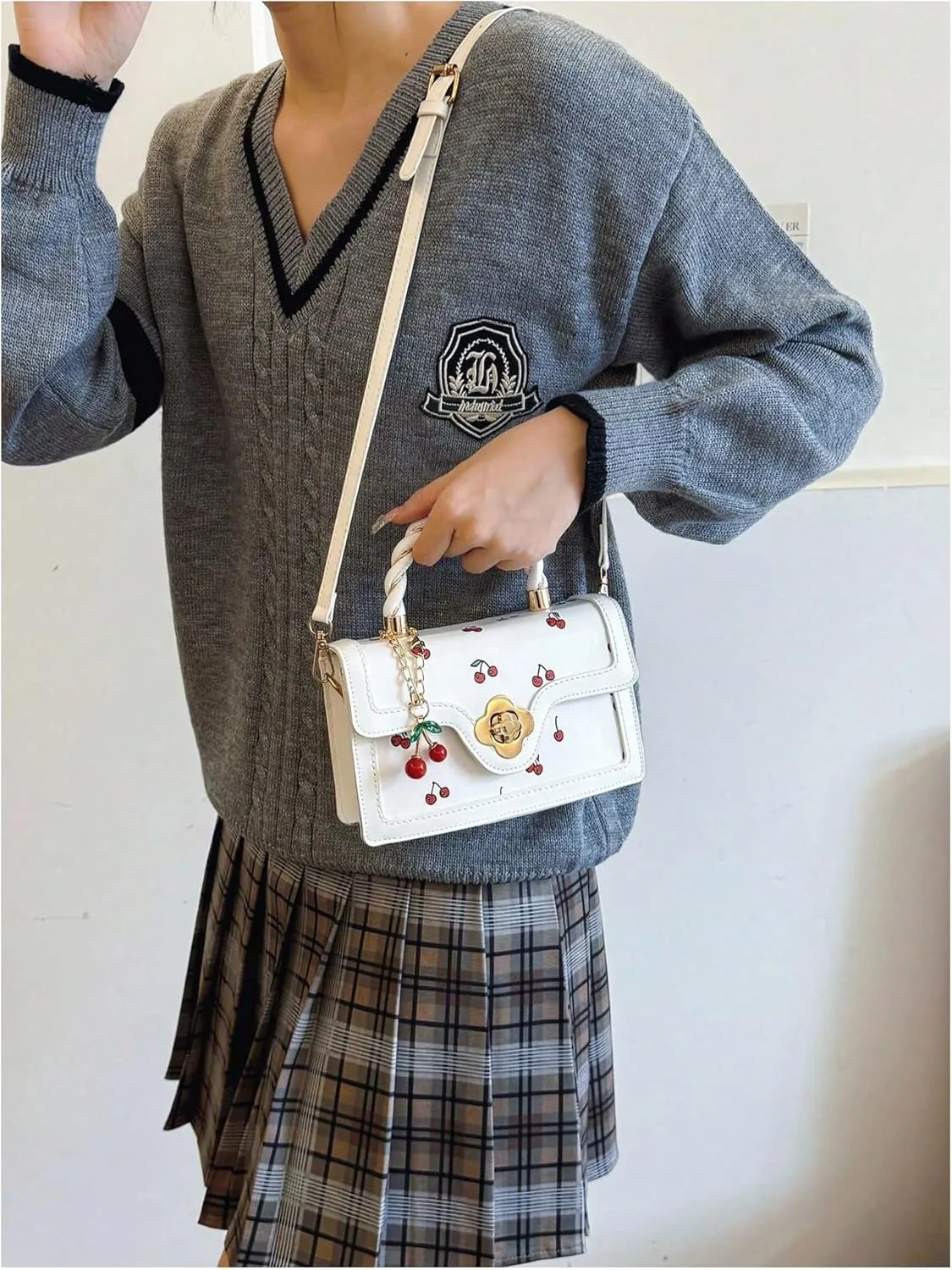 Women's Cherry Print Flap Handbags Top Handle Crossbody Square Bag with Cherry Pendant