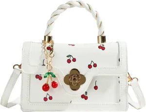 Women's Cherry Print Flap Handbags Top Handle Crossbody Square Bag with Cherry Pendant