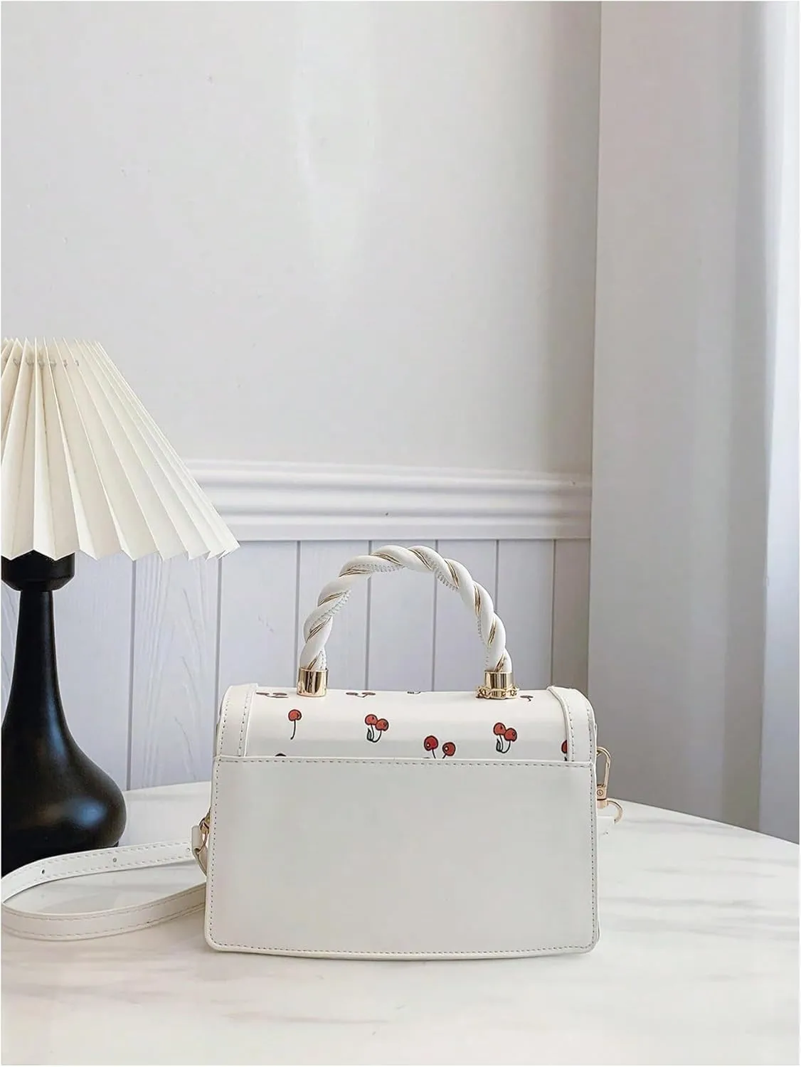 Women's Cherry Print Flap Handbags Top Handle Crossbody Square Bag with Cherry Pendant
