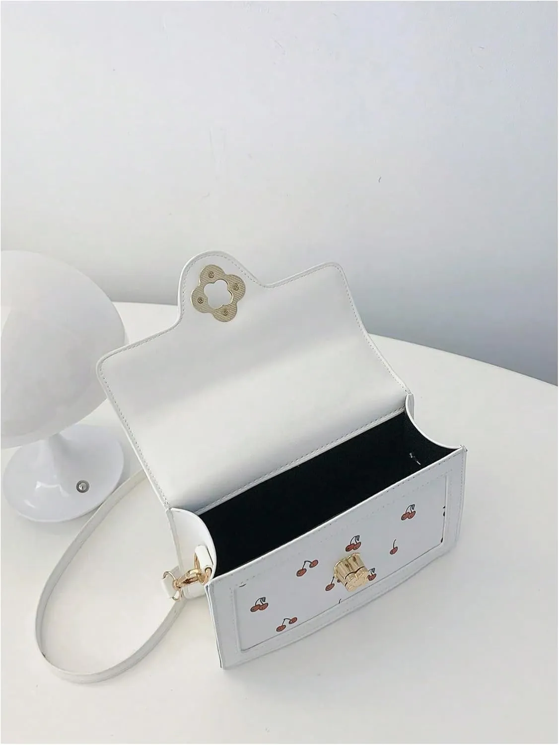 Women's Cherry Print Flap Handbags Top Handle Crossbody Square Bag with Cherry Pendant