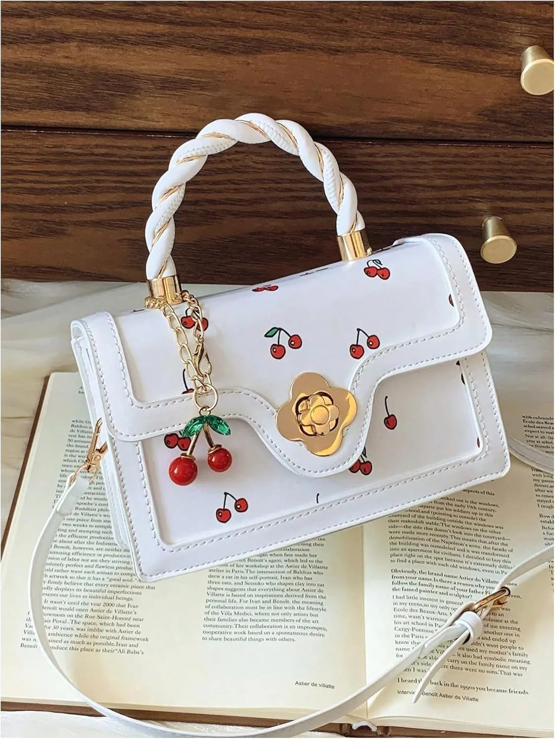 Women's Cherry Print Flap Handbags Top Handle Crossbody Square Bag with Cherry Pendant