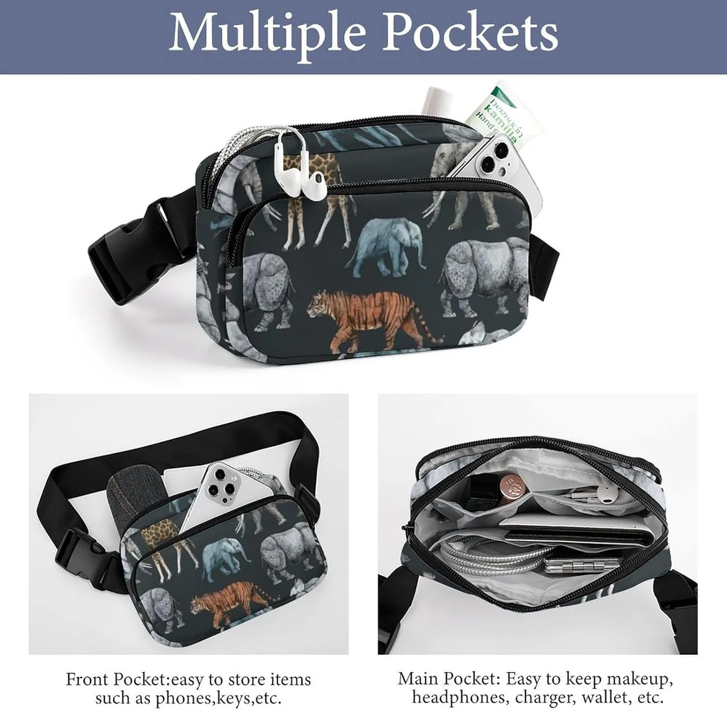 Womens Compact Sports Fanny Pack Water-Resistant Belt Bag for Travel/Hiking, Compatible with Retro Wild Animal Giraffe