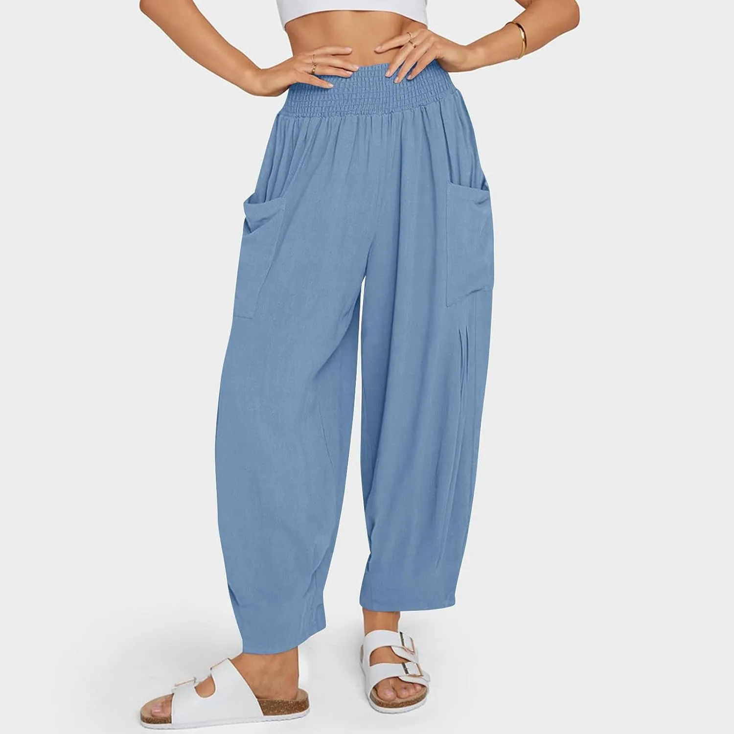 Womens Cotton Linen Summer Harem Pants with Pockets Hippie Casual Baggy Smocked High Waist Palazzo Pants