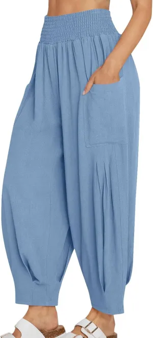 Womens Cotton Linen Summer Harem Pants with Pockets Hippie Casual Baggy Smocked High Waist Palazzo Pants