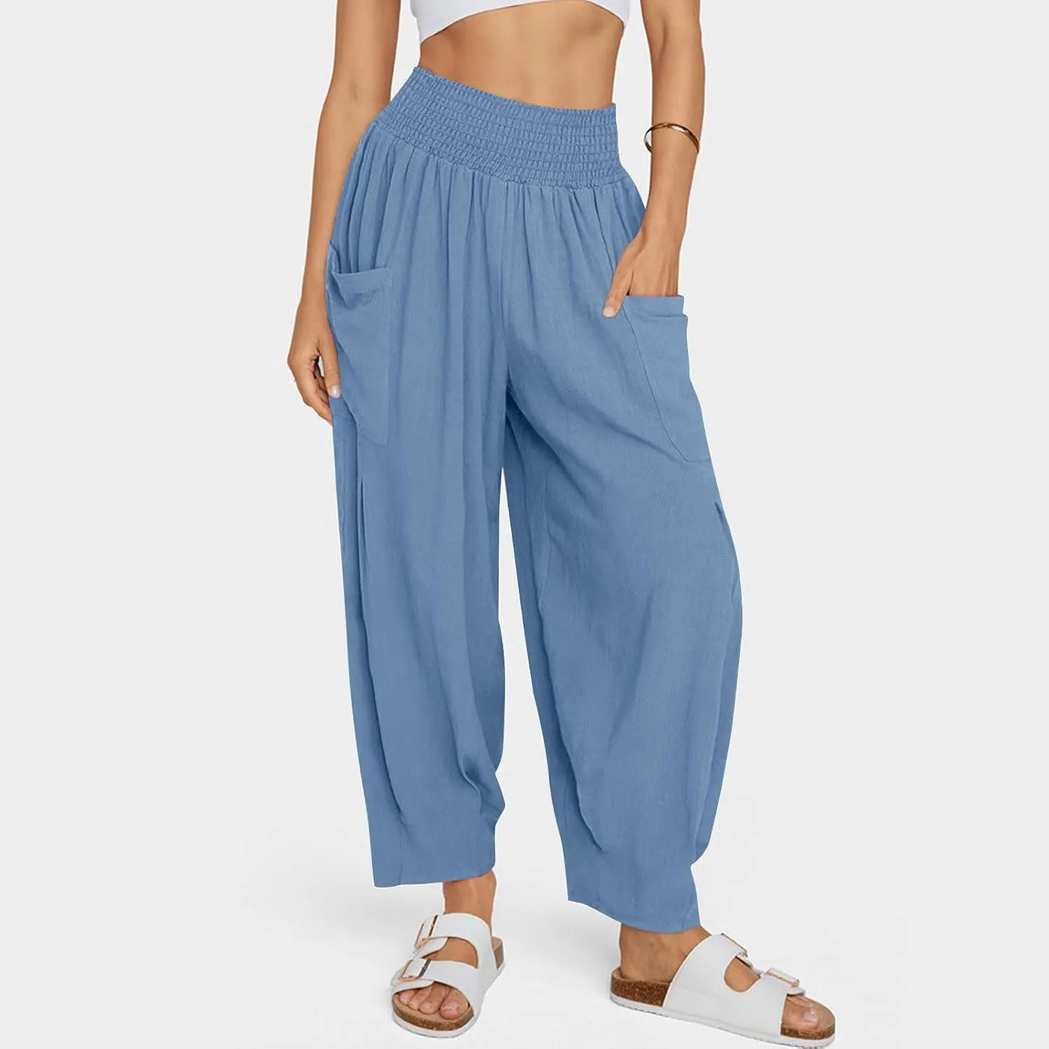 Womens Cotton Linen Summer Harem Pants with Pockets Hippie Casual Baggy Smocked High Waist Palazzo Pants