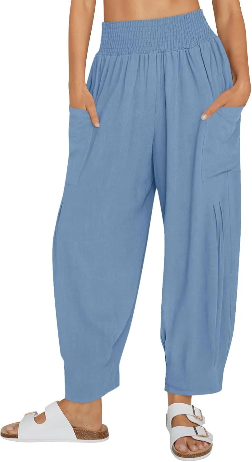 Womens Cotton Linen Summer Harem Pants with Pockets Hippie Casual Baggy Smocked High Waist Palazzo Pants