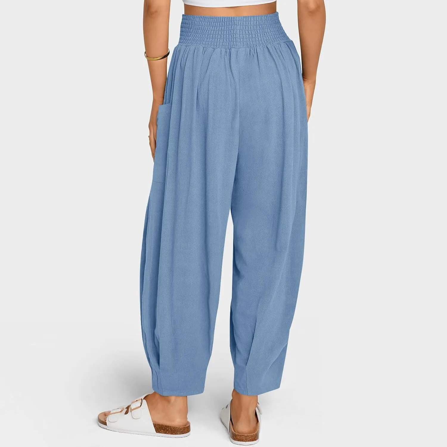 Womens Cotton Linen Summer Harem Pants with Pockets Hippie Casual Baggy Smocked High Waist Palazzo Pants