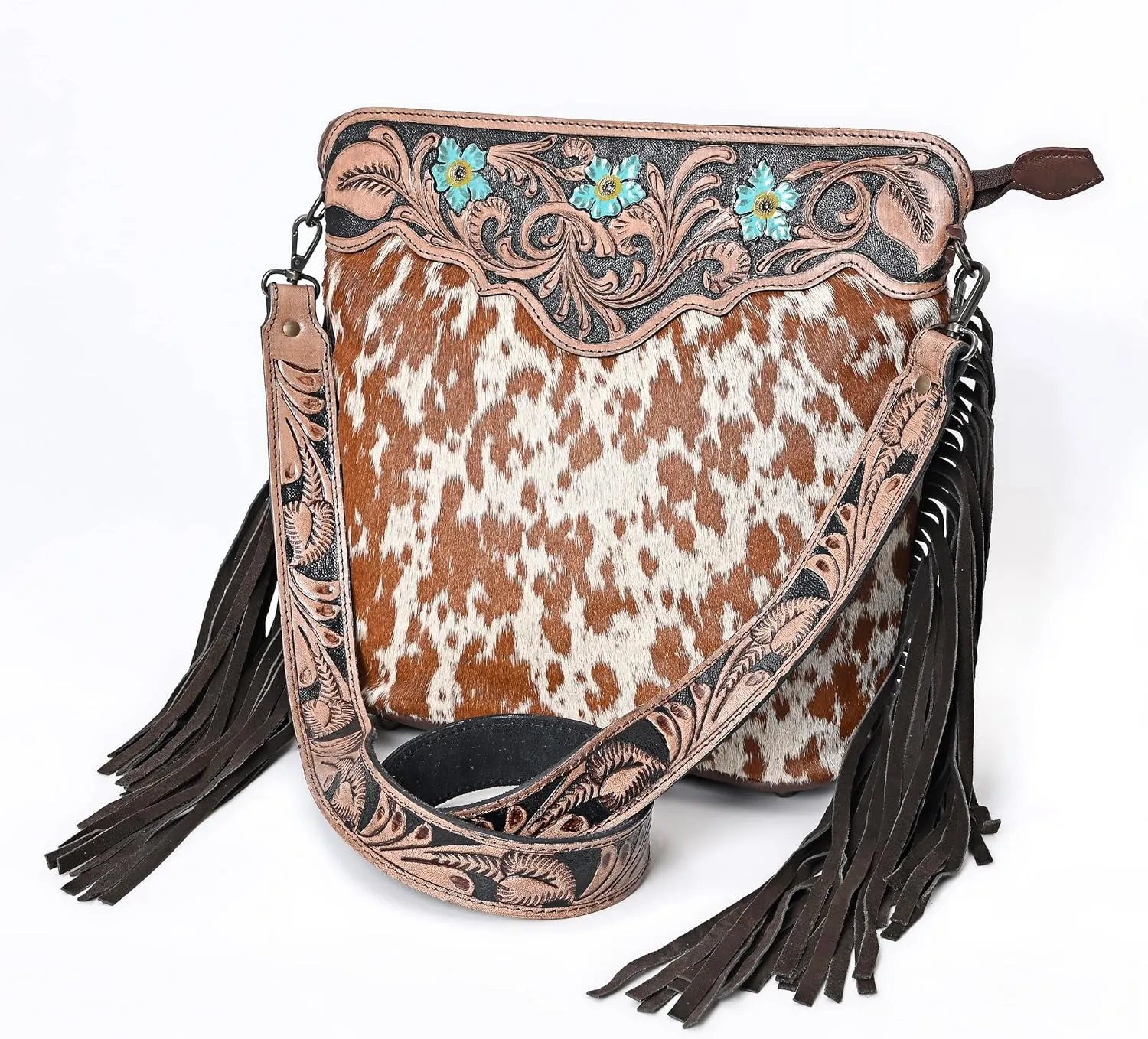 Women’s Cowhide Hairon Leather Crossbody Shoulder Bag with Strap Messenger Style Western Fringe Leather Sling Bag
