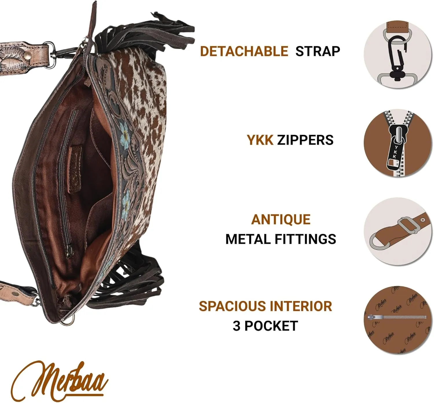 Women’s Cowhide Hairon Leather Crossbody Shoulder Bag with Strap Messenger Style Western Fringe Leather Sling Bag