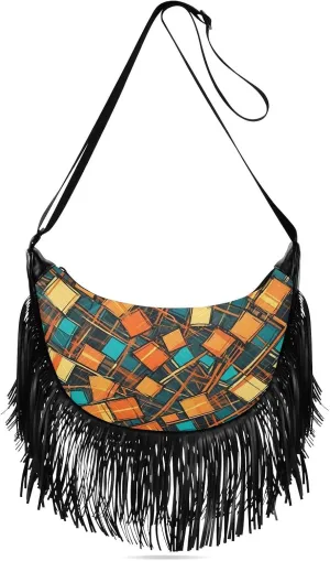 Women's Crossbody Handbags Mix Color Grids Fringe Tassel Cross Body Bag Shoulder Handbag