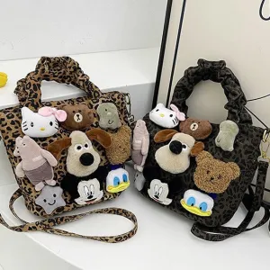 Women's Cute Plush Leopard Print Large Capacity Shoulder Bags