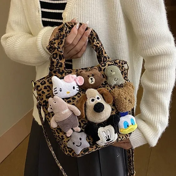 Women's Cute Plush Leopard Print Large Capacity Shoulder Bags
