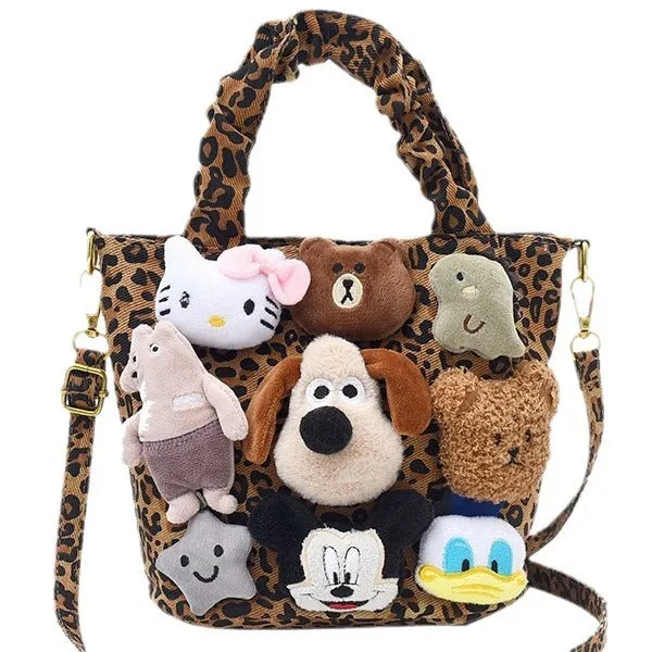 Women's Cute Plush Leopard Print Large Capacity Shoulder Bags