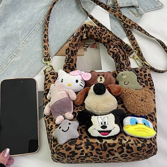 Women's Cute Plush Leopard Print Large Capacity Shoulder Bags